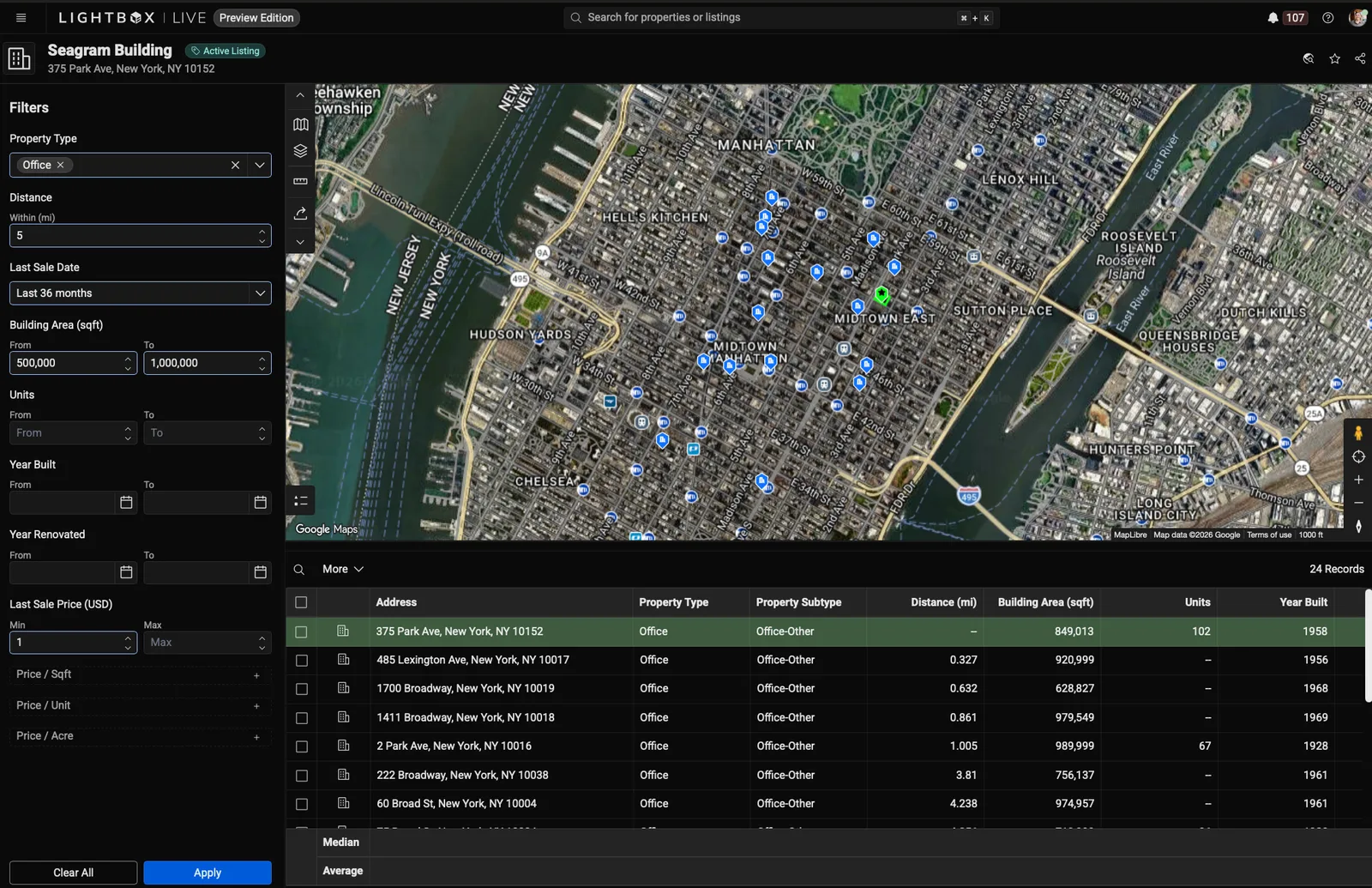 A comparables search in LightBox Live: property type, distance, sale date and building area filters on the left, a satellite map of Manhattan pinning the matches, and a table of the matching addresses with their distance, building area and year built.