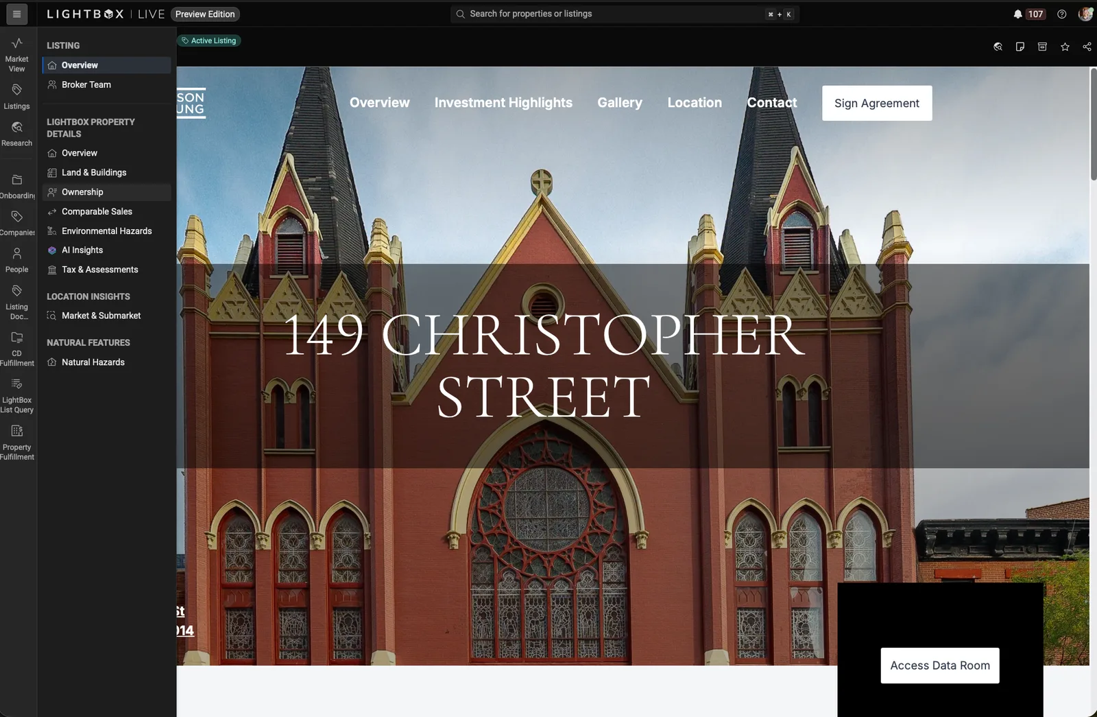 The listing page for 149 Christopher Street in LightBox Live: the deal room navigation down the left with overview, ownership, comparable sales and environmental hazards, a Sign Agreement button above the building photograph, and an Access Data Room button.