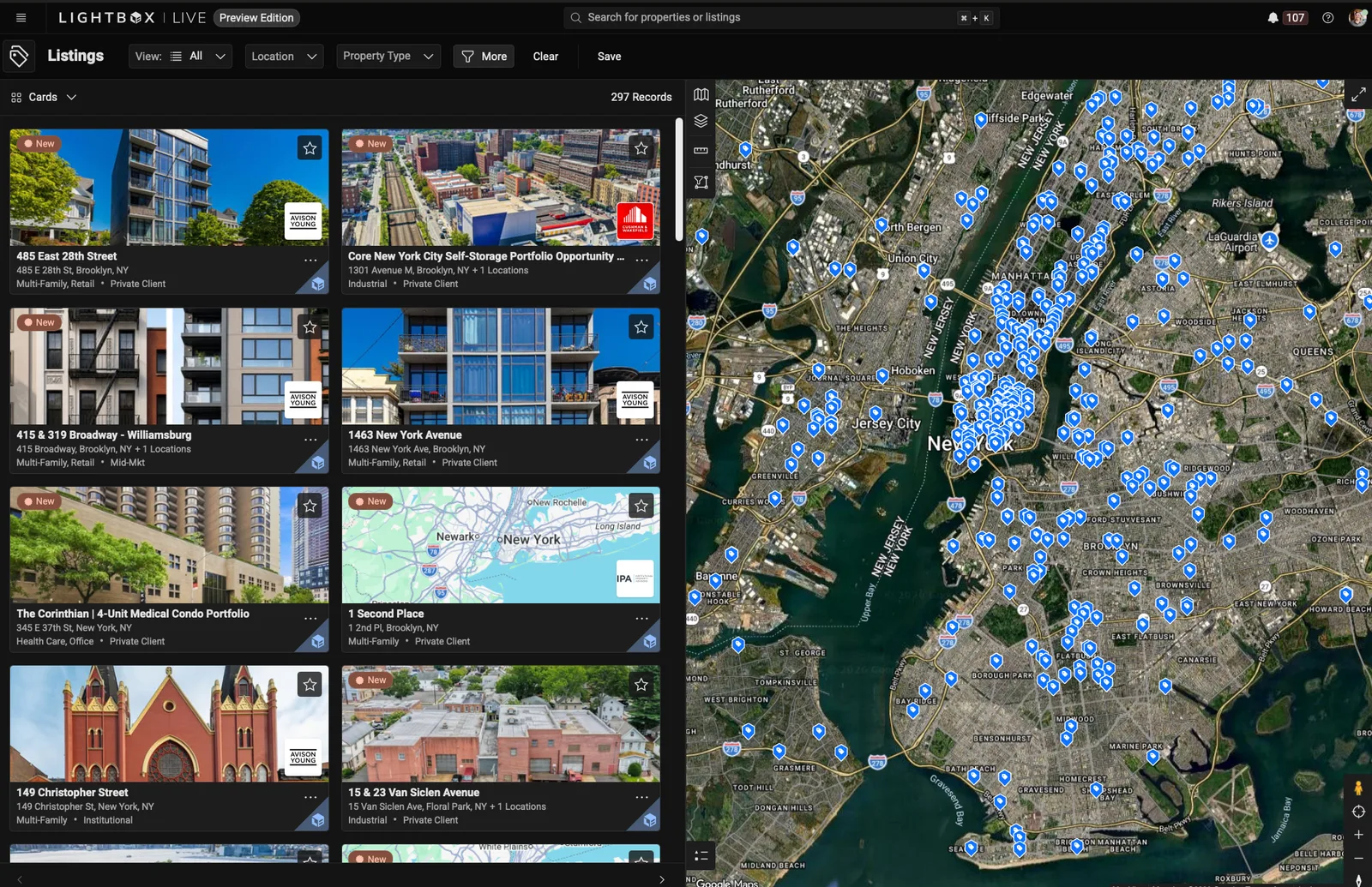 The LightBox Live Listings view: photo cards for active listings such as 485 East 28th Street and 149 Christopher Street, each with its address, property type and broker, beside a satellite map of New York carrying a pin for every listing.