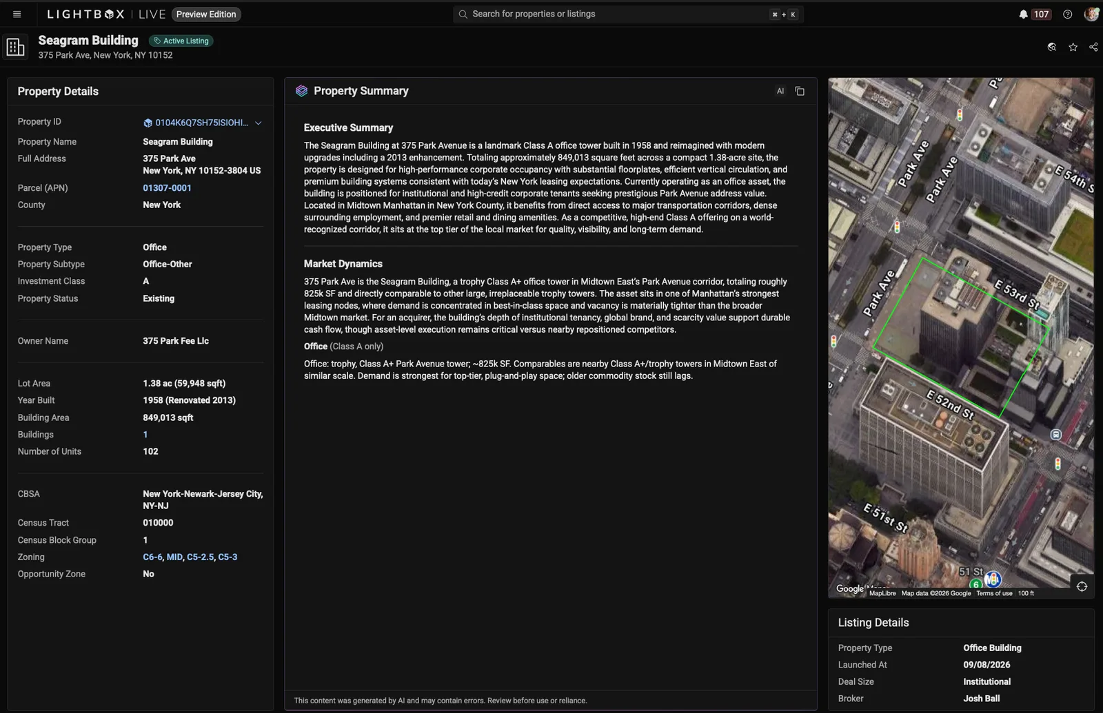 A LightBox Live listing for the Seagram Building: a Property Details column of parcel, owner, lot area and zoning fields, a Property Summary panel of executive summary and market dynamics text, and a satellite view with the parcel outlined.