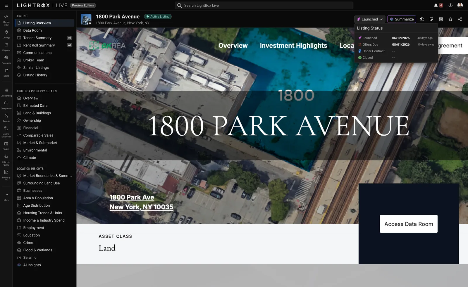 LightBox Live listing overview for 1800 Park Avenue, New York: the listing status, the deal navigation and an Access Data Room button over an aerial photo of the site.