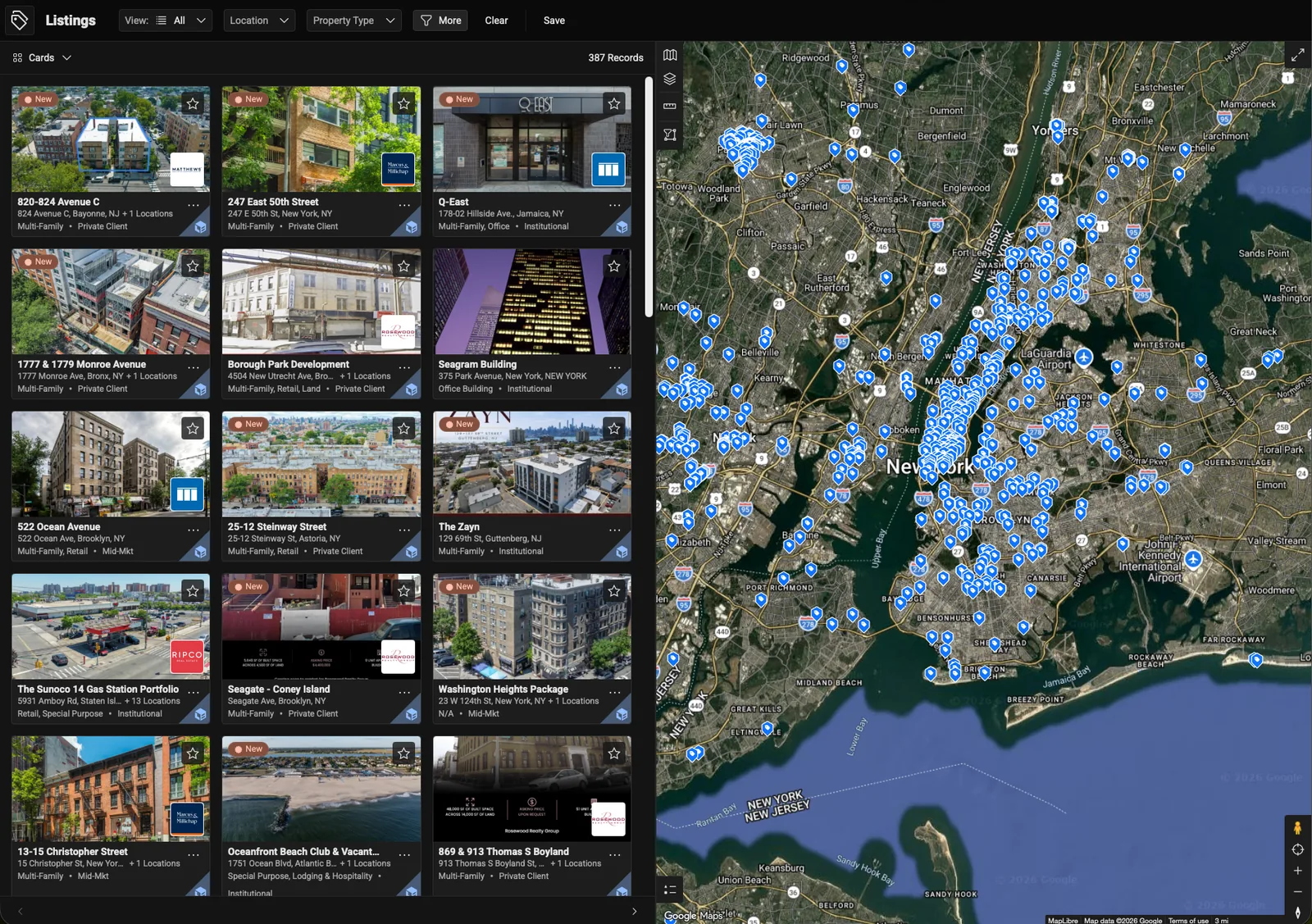 LightBox Live listings workspace: a list of commercial real estate listings beside a map of their locations.