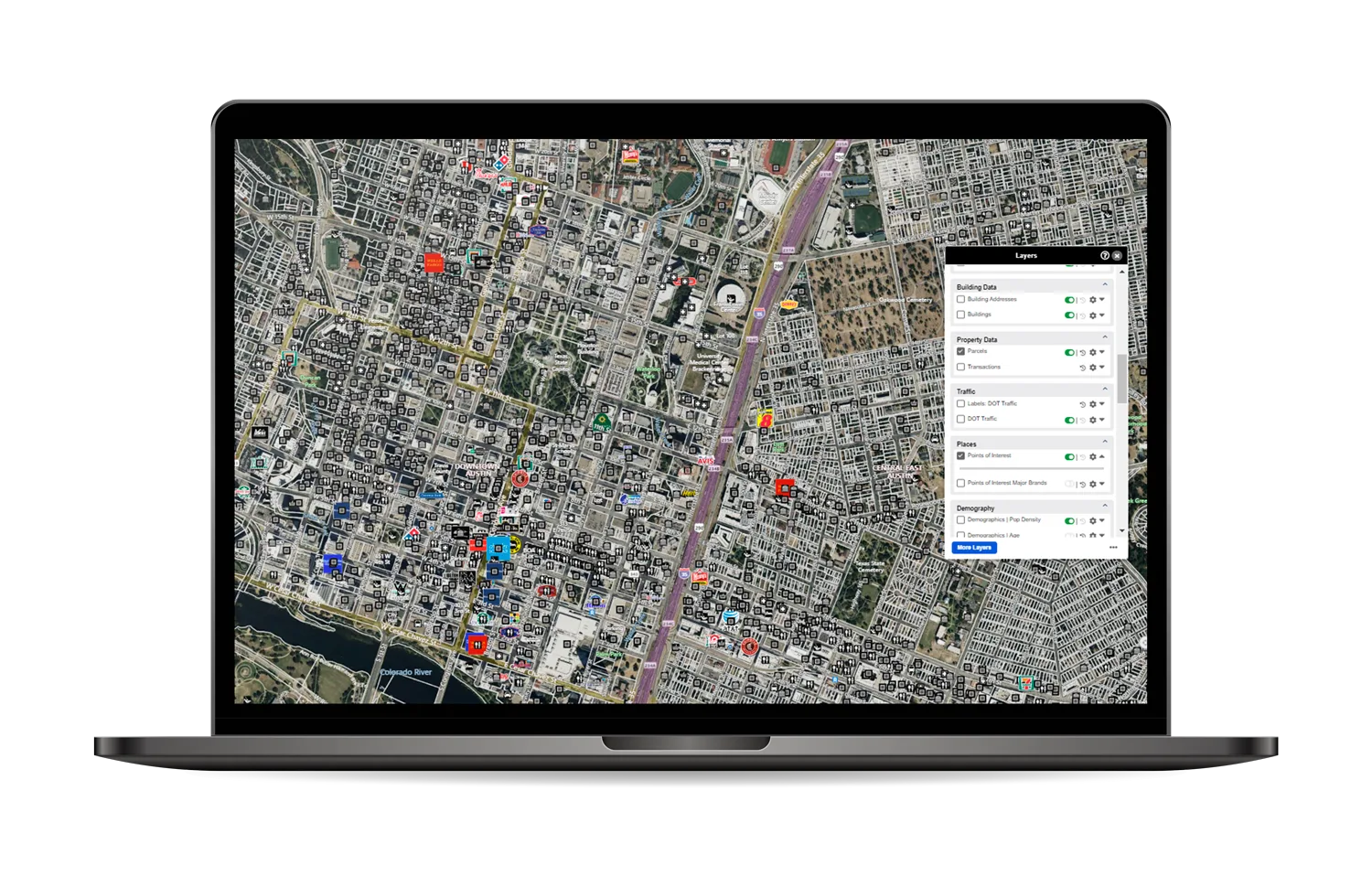 A LightBox map of a downtown with building, parcel, traffic and points of interest layers switched on.