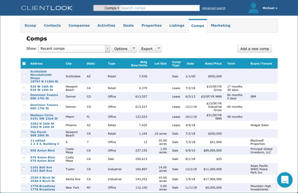 CRM real estate platform displaying sale and lease comps for market analysis