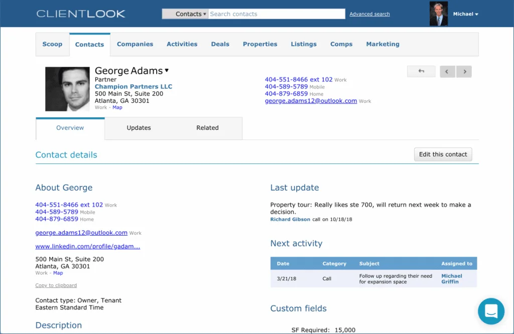 CRM for real estate professionals displaying detailed contact profile and activity tracking
