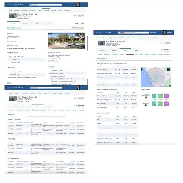 Commercial real estate CRM software showing property data, maps, and market insights