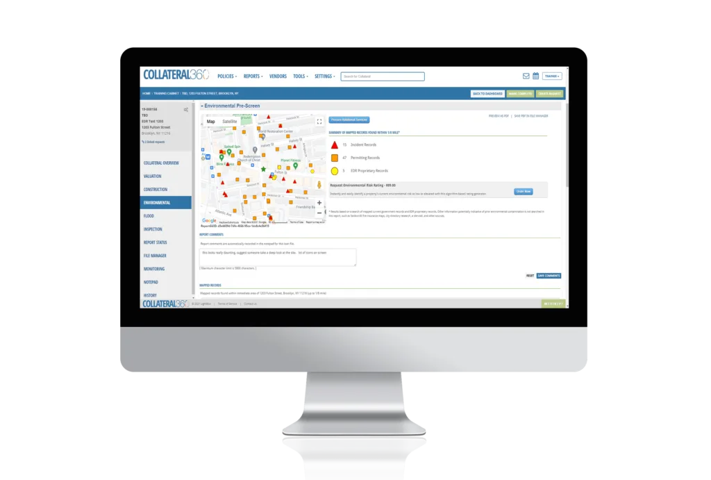 A Collateral360 environmental screen plotting nearby records around a property.