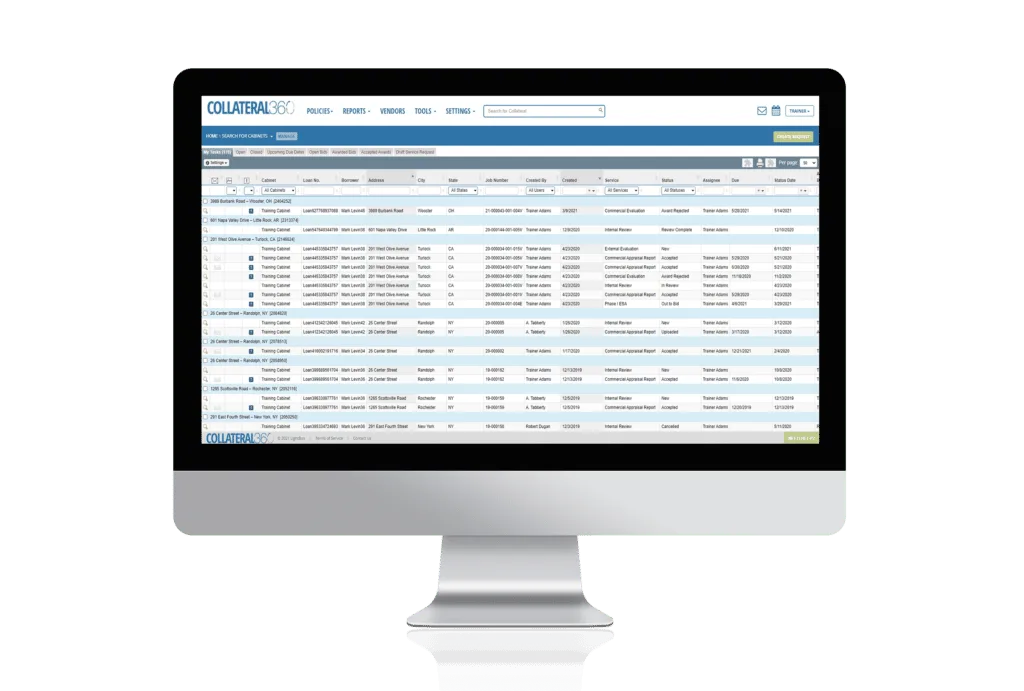 The Collateral360 dashboard showing open loan files and their tasks.