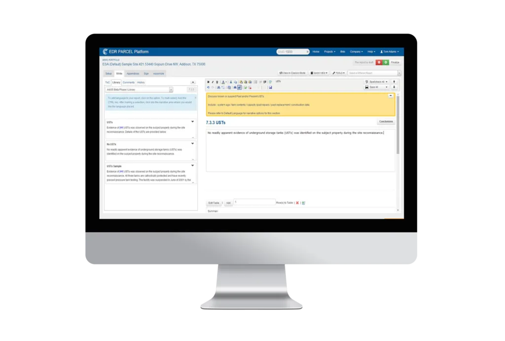 PARCEL Report Writer interface used to create and manage environmental due diligence reports efficiently