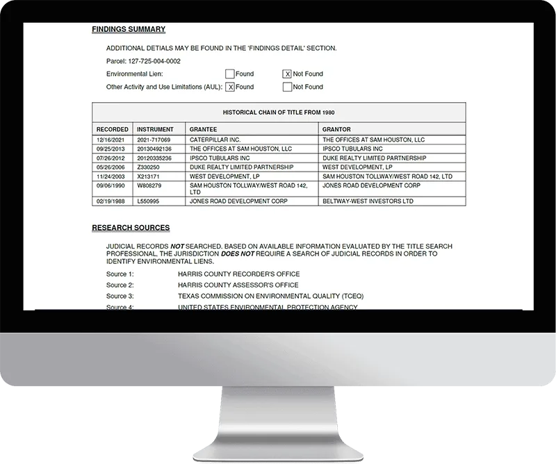 A sample EDR Environmental Lien and AUL 1980 Search report.
