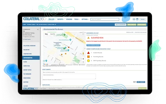 The EDR Environmental Risk Screen dashboard, showing property risk ratings.