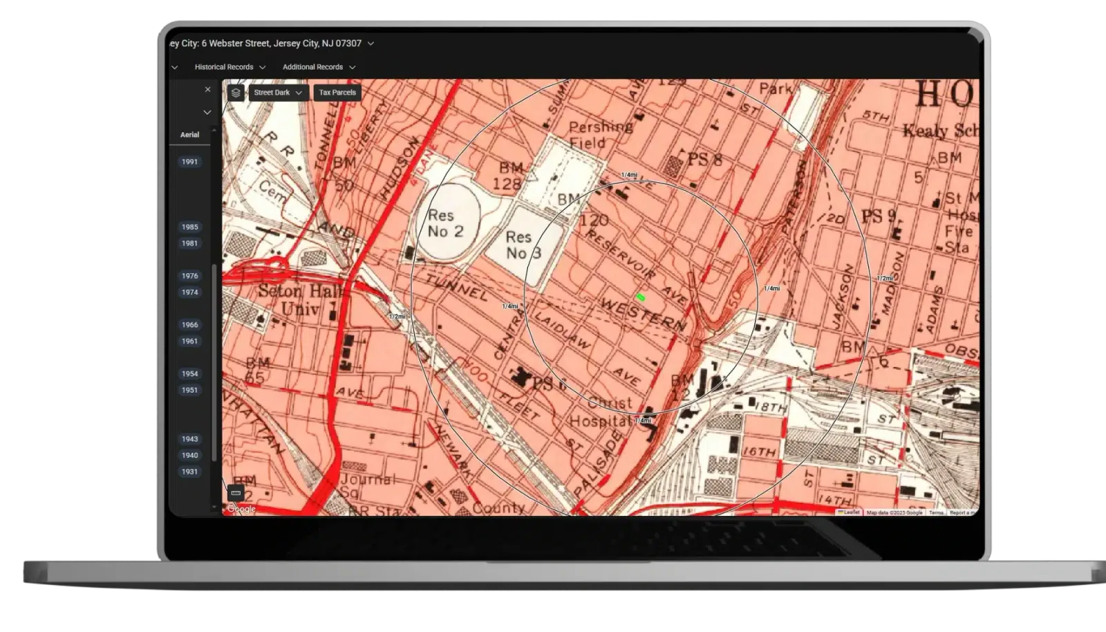 Historical topographic quad maps aligned around a target property in LightBox Live.