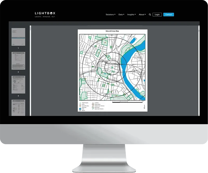 A sample EDR NEPASearch map report showing the mapped search area and its record listings.