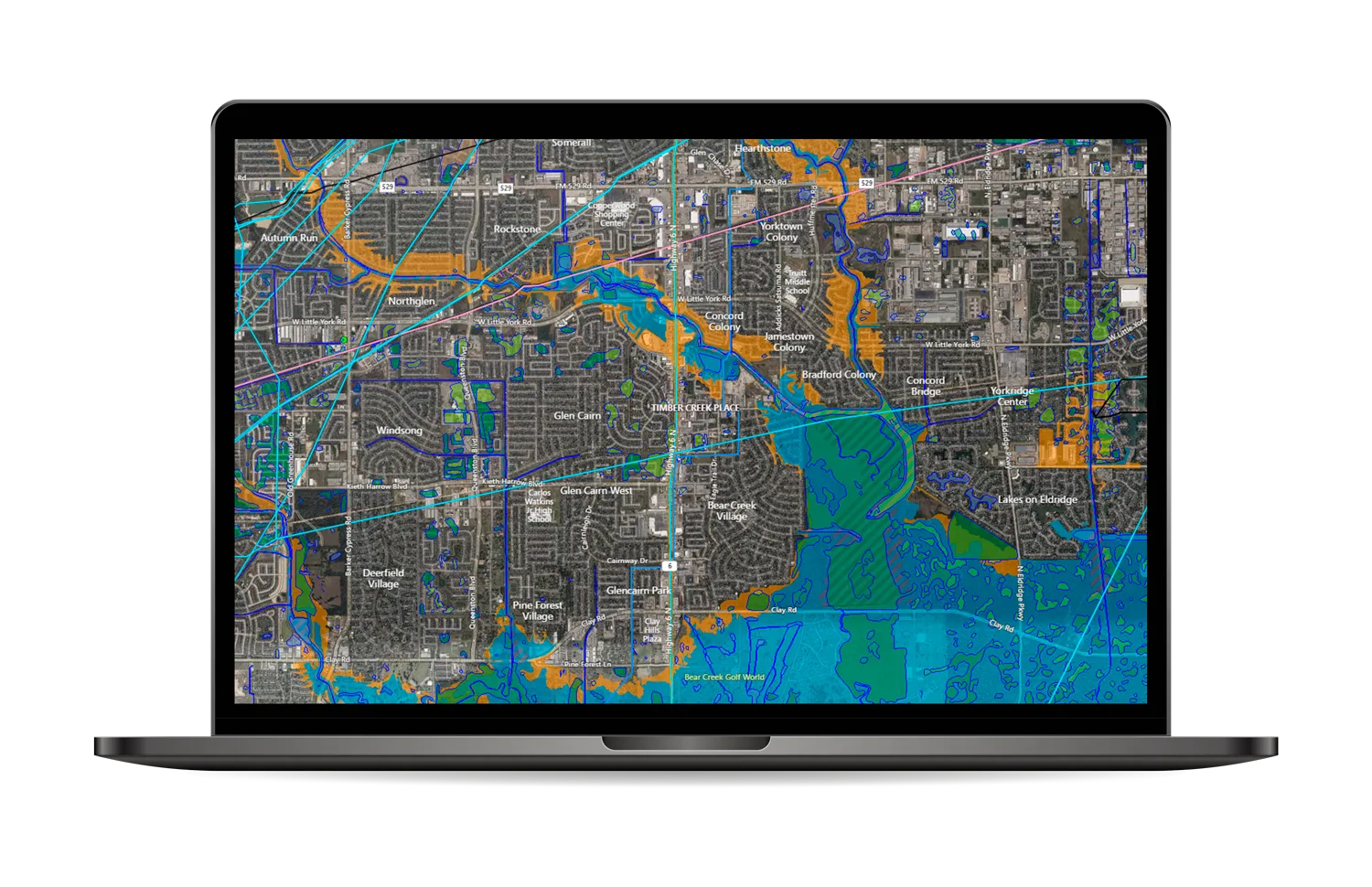 Flood and environmental hazard layers drawn over a metropolitan map in LightBox.