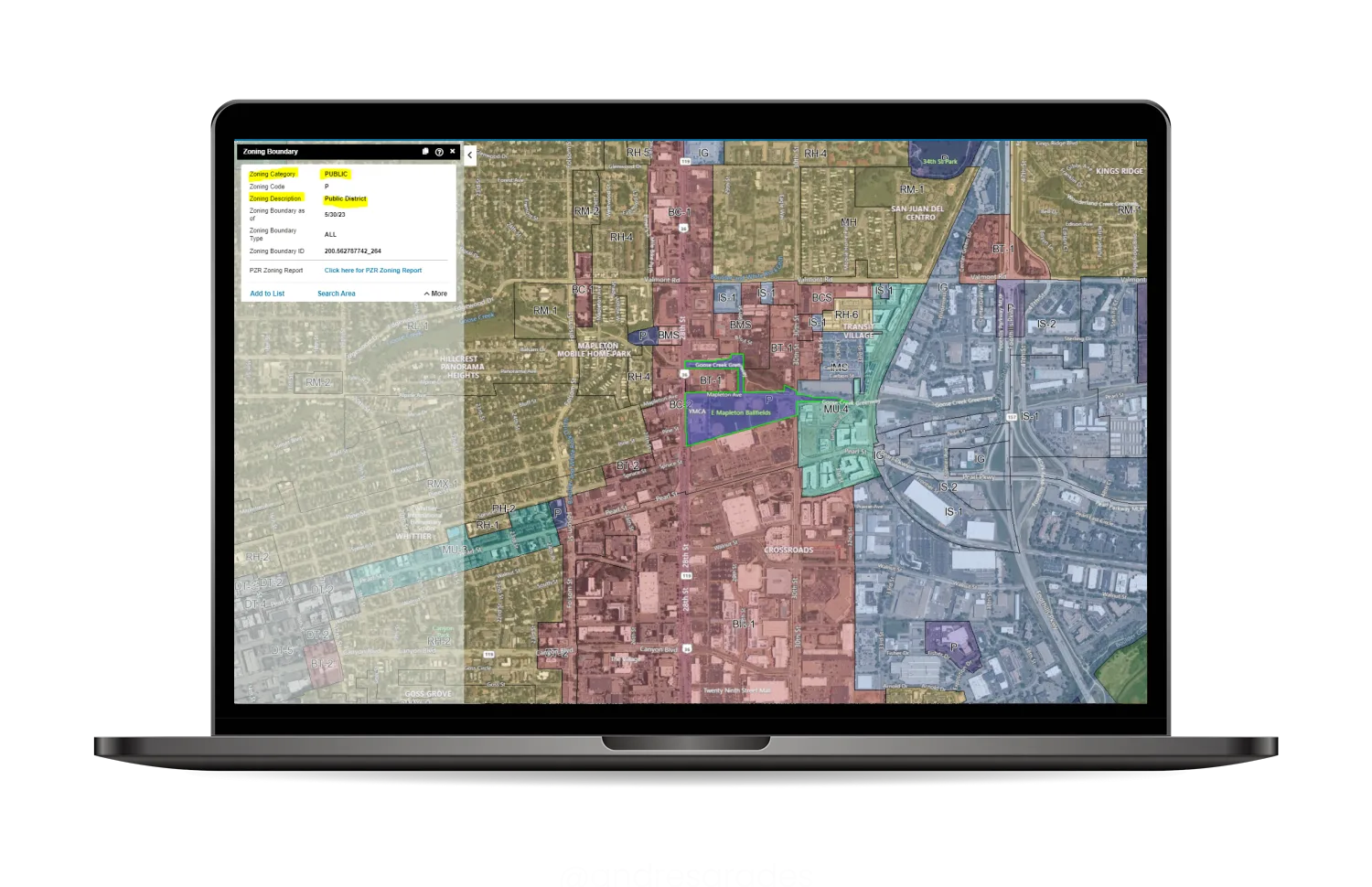 Colour-coded zoning districts across a city on a LightBox map, with the selected boundary's detail alongside.