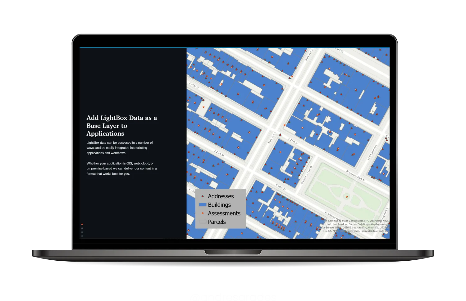 LightBox addresses, buildings, assessments and parcels drawn as base layers in a mapping application.