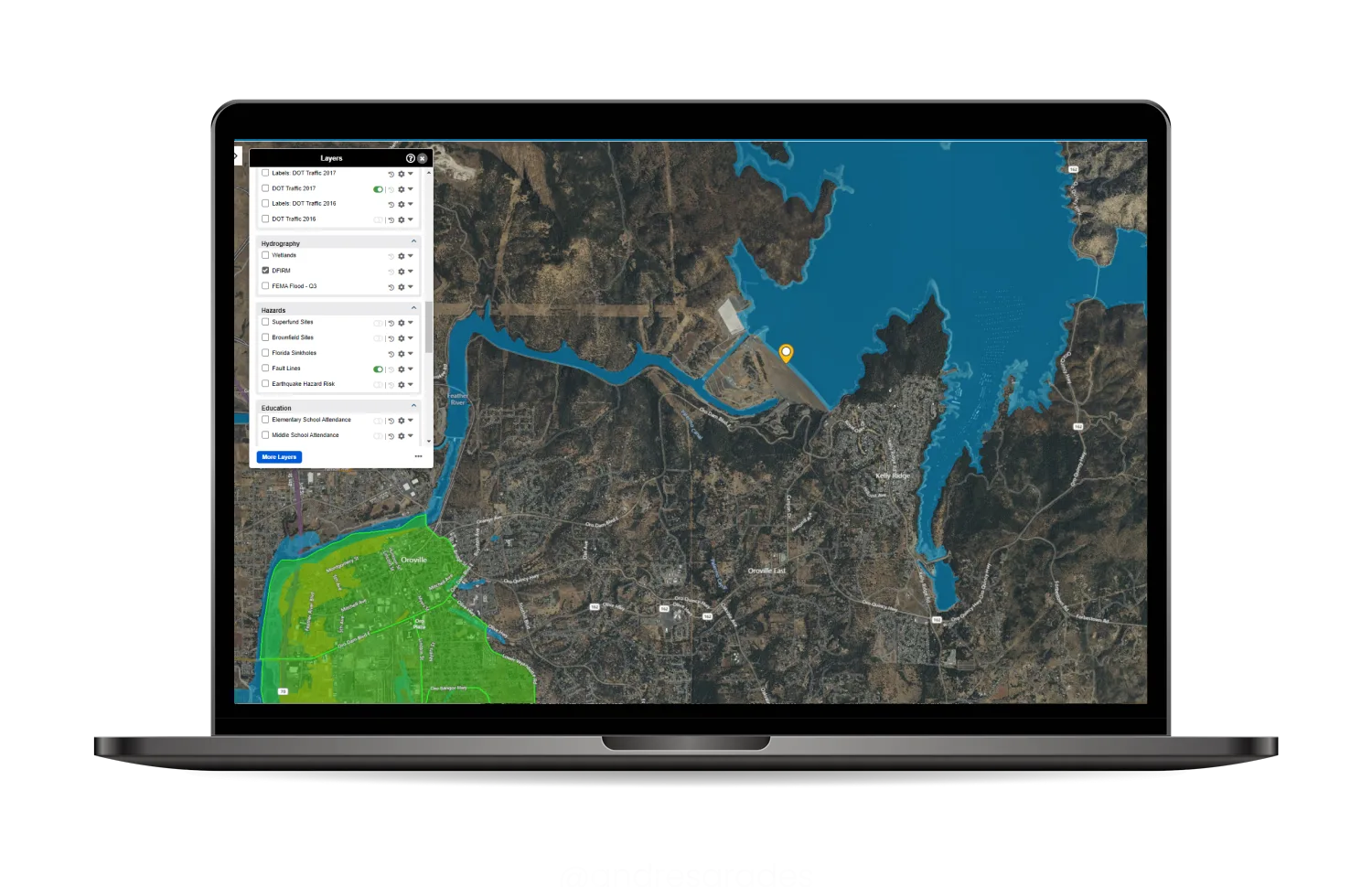 The LightBox Vision layer panel open over a satellite map of a reservoir and its flood zones.