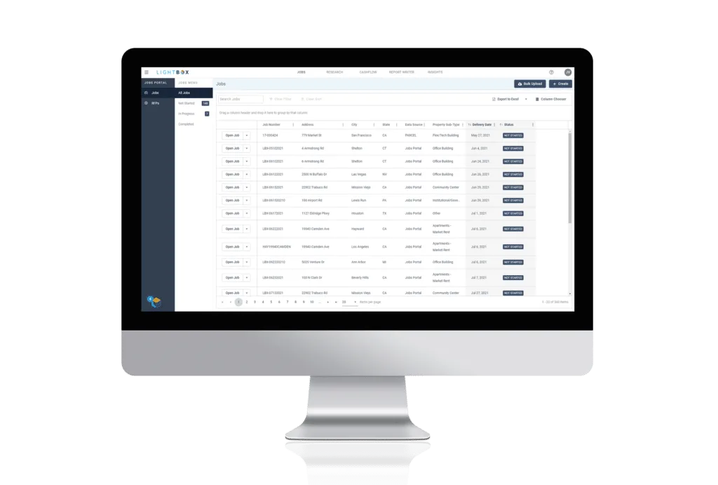 The Valuation jobs board listing RFPs, bids and assignments by status.
