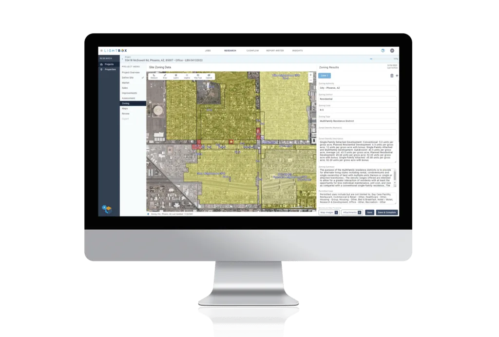 A Valuation property research screen showing parcel attributes and zoning beside the map.