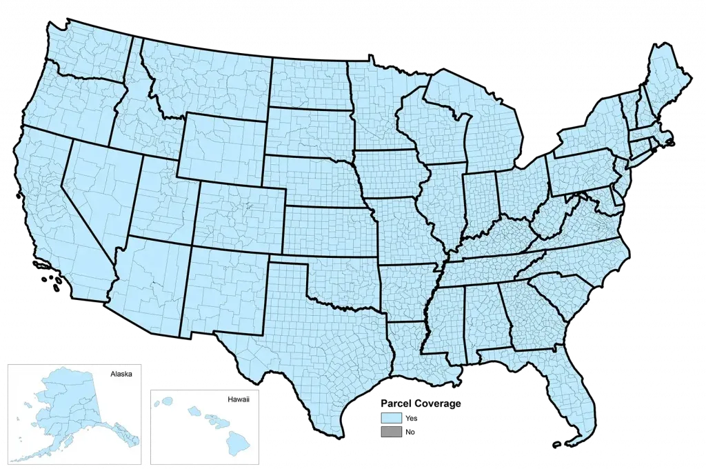 Map of the United States showing LightBox data coverage by county.