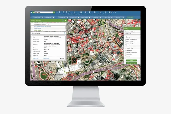 SmartParcels land use and zoning attributes shown on a monitor.