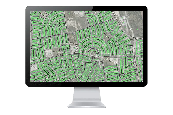 Parcel boundaries drawn over every lot in a residential subdivision.