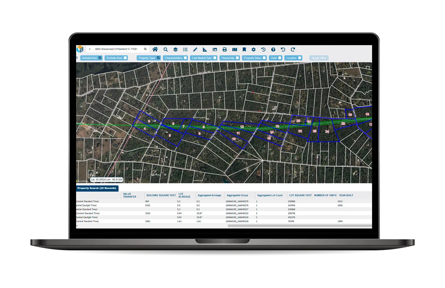 Parcels selected along a utility right-of-way, with the matching property records listed below the map.