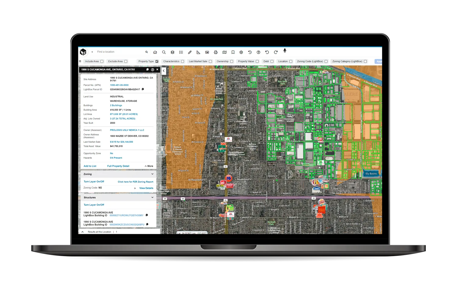 LightBox Vision showing a property record beside a map of zoned and outlined parcels.