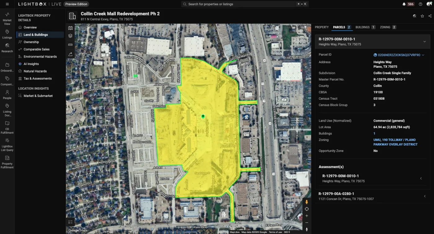 LightBox Live parcels view for the Collin Creek Mall redevelopment, with the 65 acre site highlighted on an aerial map of Plano.