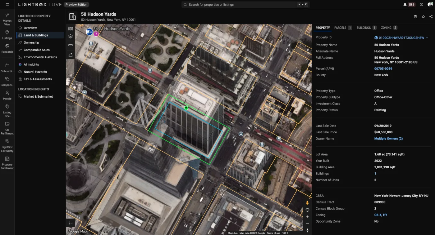 LightBox Live property record for 50 Hudson Yards over an aerial view of the tower, with parcel and building outlines drawn on the map.