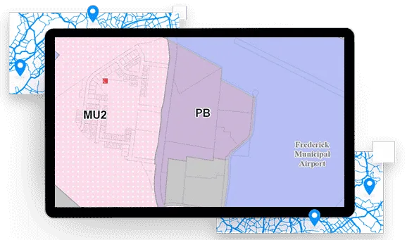 Zoning map highlighting permitted uses and zoning districts for use analysis and early-stage zoning due diligence.