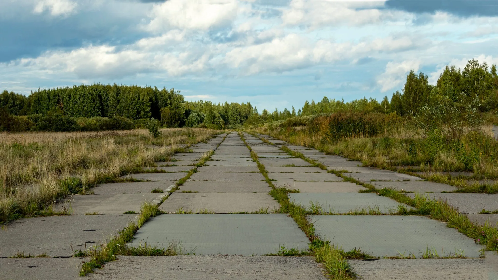 Overgrown runway at an abandoned airfield with cracked pavement and surrounding vegetation